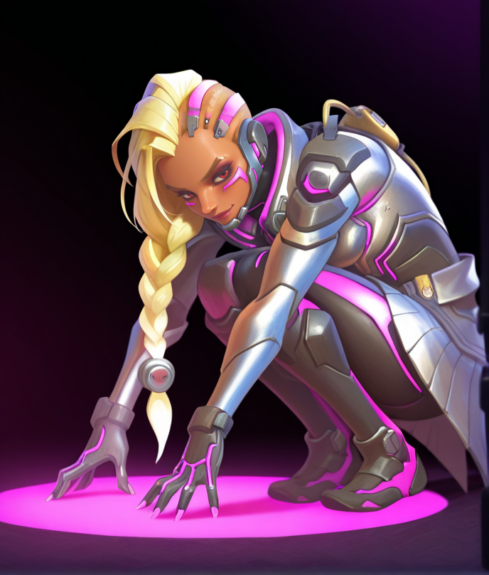 Masterpiece, high-res, 2k, best quality, 2.5d , 1girl, augsombra, sombra (overwatch),  <lora:augsombra_illus-000049:1>  On hands and knees with elbows resting on the ground