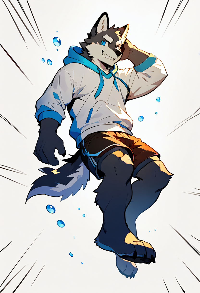 <lora:CharlinMixStyle_v3:1>,
animification,1 tail,solo,full body,
furry,furry male,bara,anthro,kemono,
wolf male,black fur,blue eyes,white eyebrows,
masterpiece,best quality,amazing quality,very aesthetic,huge filesize,
white background,falling down,floating,in air,floating hair,Bubbles,refracted sunlight,light spots,sadness,lowered head,
(high contrast:1.1),light leaks,foreshortening,
hoodie,shorts,grin,lineart,emphasis lines,