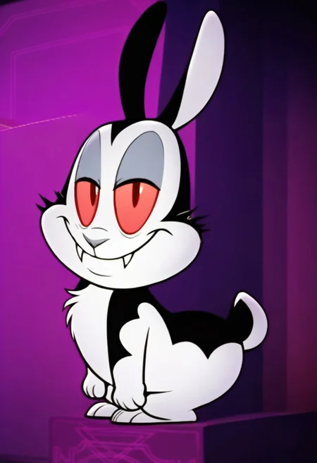 score_9, score_8_up, score_7_up, tail, solo, male, solo male, bunny, rabbit, bunnicula, pink sclera, red eyes, colored sclera, black and white fur, cheek tuft, grey nose, scut tail, fangs, shortstack, chest tuft, chibi, eyeshadow, smile, fur markings, chest tuft, smirk, squint, half-closed eyes, eyelids, confident, looking at viewer, standing, barefoot, featureless chest, head tilt, cocked hip, flirty, arched back, showing off, adjusting clothing, masterpiece, extreme detail, 4k, realistic, shading, psychedelic background, pattern background, full-length portrait, Perfect Hands, 5 fingers, perfect paws, perfect lighting, zPDXL3, Expressiveh, light and shadows by reij-shdwgms, vampire, horror \(theme\),