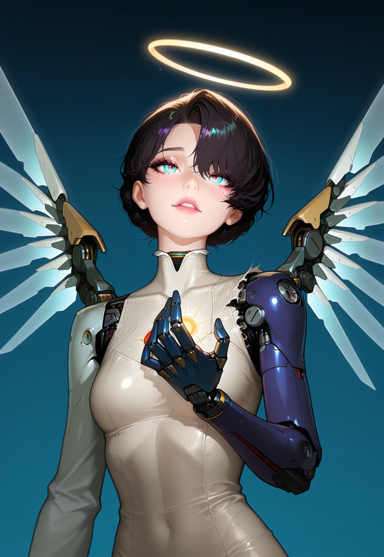 A science fiction scene with a solo cyborg girl, dressed in a torn white dress, floating with one mechanical arm. She has short, black hair. Her eyes are half-closed as she smiles, with mechanical wings extending behind her. She looking at her only mechanical hand, with one tear floating on her face. The lighting is soft and ethereal, creating a dreamlike atmosphere.