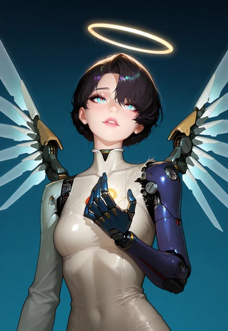 A science fiction scene with a solo cyborg girl, dressed in a torn white dress, floating with one mechanical arm. She has short, black hair. Her eyes are half-closed as she smiles, with mechanical wings extending behind her. She looking at her only mechanical hand, with one tear floating on her face. The lighting is soft and ethereal, creating a dreamlike atmosphere.