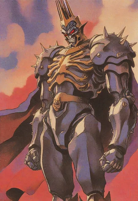 Strength, retro artstyle, retro illustration, knva, villain, cyborg, lord, emperor, powerful, warrior, steel, spikes, flesh, muscular, cape, imposing, red eyes, Roman, Greek, armor