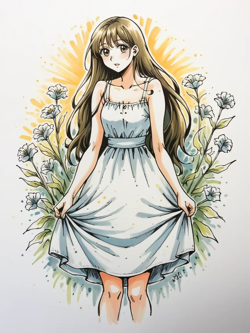 <lora:sk3tchw4t3rXLP2:0.7> sk3tchw4t3r, 1girl, long hair, sundress, flowers