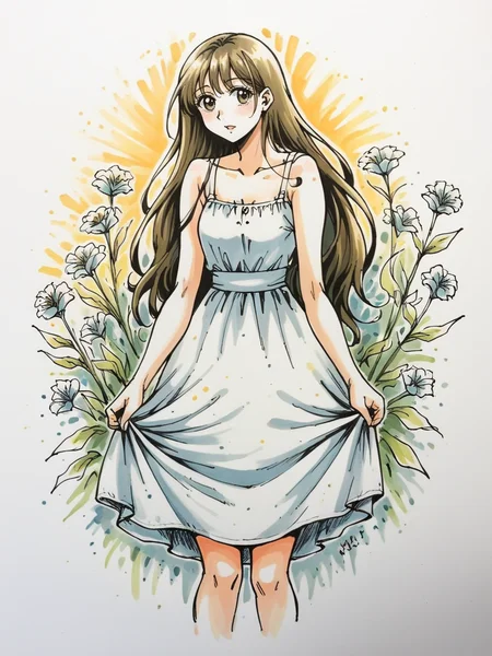 <lora:sk3tchw4t3rXLP2:0.7> sk3tchw4t3r, 1girl, long hair, sundress, flowers
