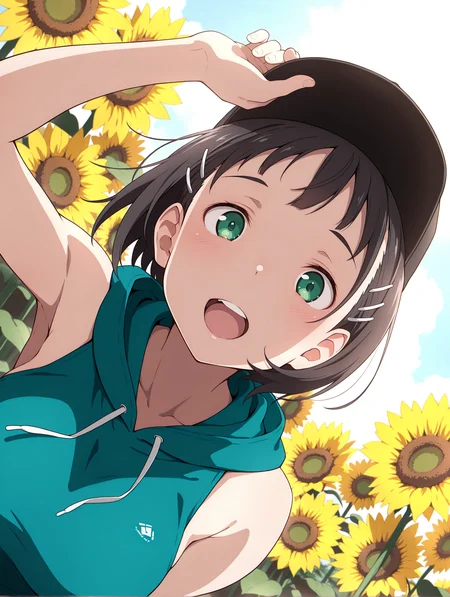 masterpiece,best quality,newest,1girl,solo,
<lora:p_suguha_v1.0:1>,p_sugu,hairclip,green eyes,
<lora:Fixhands_anime_bdsqlsz_V1:1>,front view,dynamic_angle,face_focus,looking_at_viewer,kind_smile,open mouth,blush,sunflower field,sleeveless_hoodie,baseball_cap,hand on headwear,