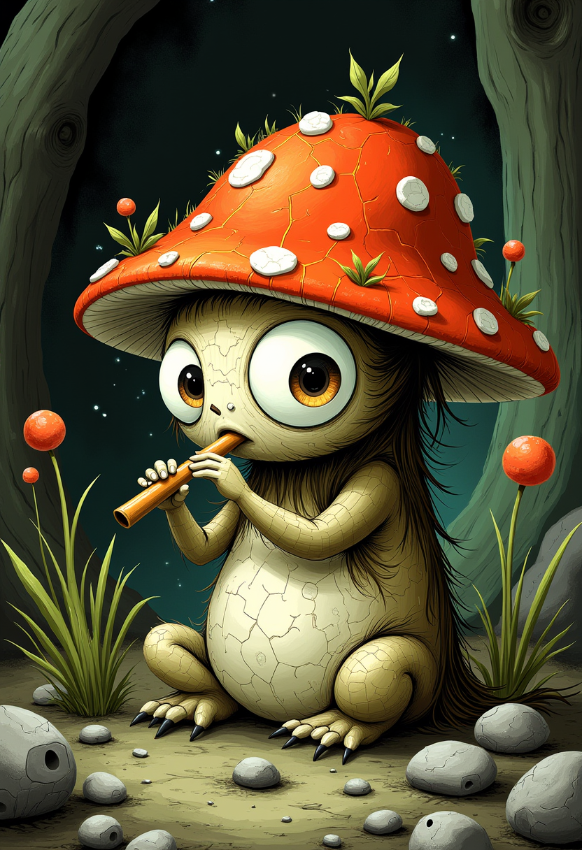 WackyScratchDaal  A shy toadstool creature with oversized eyes, tiny hands, and a cracked porcelain mask growing from its face like bark from a tree; it sits in a circle of enchanted stones playing a flute that causes the plants to sway in sync; rendered in painterly detail like an Edward Gorey illustration colored by Hayao Miyazaki, a moody fairytale still life.