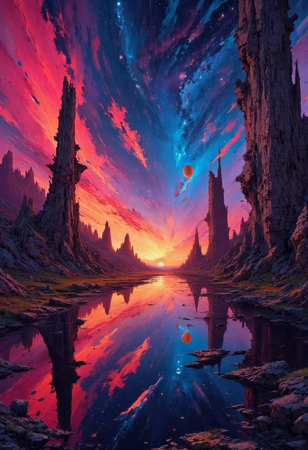 abstract oil painting, gradient vibrant neon colour, rough, textural, broad brush strokes, a futuristic sci-fi city with tall towers skyscrapers, and domes, perfectly reflected in a tranquil, still lake, at night, surreal colours, detailed night sky with stars and nebulas, mythp0rt