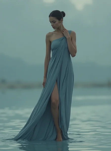 Elegant 21yo in a surreal minimal setting, standing in shallow reflective water with gentle ripples, wearing a flowing slate-blue Grecian-inspired one-shoulder gown, soft fabric folds revealing one leg, graceful sculptural pose with hand on neck and hip, slicked back dark hair, dramatic lighting, cinematic atmosphere, ethereal and artistic fashion photography, ultra-realistic, 4K detail, soft shadows, minimal background