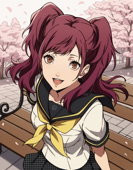 score_9, score_8_up, score_7_up, source_anime, <lora:rise-kujikawa-s1-ponyxl-lora-nochekaiser:1>, rise kujikawa, long hair, red hair, twintails, brown eyes, medium breasts,, skirt, thighhighs, school uniform, serafuku, zettai ryouiki, yasogami school uniform,, park, cherry blossoms, bench, gentle breeze, peaceful, running, open mouth,, smile, looking at viewer, smile, from above,, solo,, cowboy shot, dutch angle