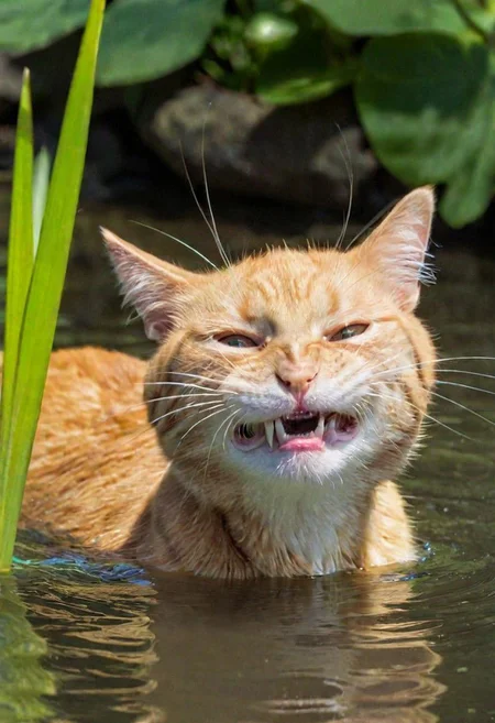underwater photo of a ginger cat in a lake, ears folded back, (chasing a fish), (wet cat), plants and rocks, murky water, detailed, masterpiece, 4k