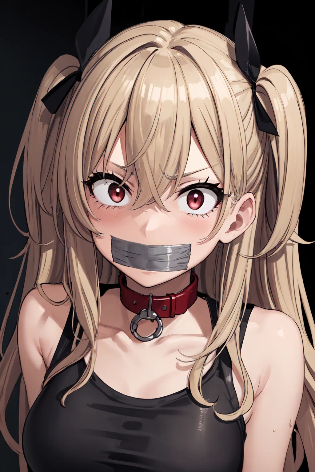 masterpiece, best quality, ultra-detailed, illustration, 1girl, blonde hair, long hair, two side up, red eyes, constricted pupils, (black tank top:1.2), red collar, tape gag, surprised, looking at viewer, face focus, portrait <lora:brj-tape-gag-v2:1> <lora:constricted_pupils_v0.2a:0.8>