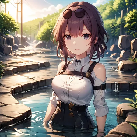 detailed anime style,a cute girl standing in water,<lora:kafka:1>,