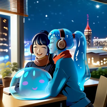 {1woman, lfg, sweater, scarf, pants, headphones, working at desk next to window, attractive:1.5, lofi girl, long blue-black hair:1.5, ponytail hairstyle},
cityscape outside window, indoor scene with a window, happy slime friends around desk and window, night time, night scene,
((translucent slime)), ((transparent slime)), (bioluminescent slime), sl1m3d, slime, slime-morph, saturated colors,