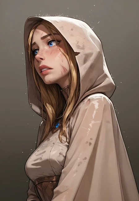(score_9, score_8_up, score_7_up). (line work, excellent drawing, highest quality, extremely detailed:1.2). solo, 1girl, 24 year old woman, Battle Cleric, saint, vestal, hood, armor, religious, medium breasts, glossy lips, long lashes, blue eyes, blonde hair, innocent, cute face, pale skin, soft skin, scared, determined, injured, slut face, nympho, horseriding skirt, fantasy, dnd, g0thicPXL, romantic, source_cartoon, depth of field, medium distance, cowboy_shot, semirealistic, dynamic angle, side view, in profile, dark background, raining, torn clothes, muddy clothes, pinup pose,