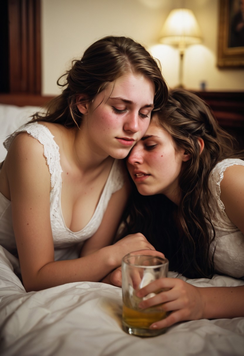 Darker lighting and atmosphere. Sensual and turned on by each other.  More drunk. One woman has large breasts.Hyper realistic. More drunk and wasted. Two Mormon sister missionaries getting drunk in their apartment after a long day proselyting. They are obviously visibly very intoxicated.  Leaning together lovingly. Very drunk eyes. Very drunk sultry eye contact. more drunk expression. Disheveled hair. (((Falling, tripping, staggering, dizzy, sleepy))). (((blackout drunk))).Realistic skin. Film grain. Typical lighting wearing a nice modern dress. (((20 year old Mormon Temple square sister  missionary))). Her hair is very disheveled. She drank a lot of tequila(((heavily lidded, drunk eyes))) incoherent, and completely hammered.
 (((incoherent, wasted))) very  drunk. realistic photo.{{{increasingly wasted}}} after having way too much to drink.  (((falling down))) drunken expression. cinematic lighting. (((Flirting))). Soft contented smile. She's completely wasted and wants to have sex tonight.