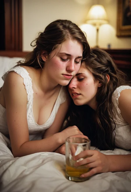 Darker lighting and atmosphere. Sensual and turned on by each other.  More drunk. One woman has large breasts.Hyper realistic. More drunk and wasted. Two Mormon sister missionaries getting drunk in their apartment after a long day proselyting. They are obviously visibly very intoxicated.  Leaning together lovingly. Very drunk eyes. Very drunk sultry eye contact. more drunk expression. Disheveled hair. (((Falling, tripping, staggering, dizzy, sleepy))). (((blackout drunk))).Realistic skin. Film grain. Typical lighting wearing a nice modern dress. (((20 year old Mormon Temple square sister  missionary))). Her hair is very disheveled. She drank a lot of tequila(((heavily lidded, drunk eyes))) incoherent, and completely hammered.
 (((incoherent, wasted))) very  drunk. realistic photo.{{{increasingly wasted}}} after having way too much to drink.  (((falling down))) drunken expression. cinematic lighting. (((Flirting))). Soft contented smile. She's completely wasted and wants to have sex tonight.