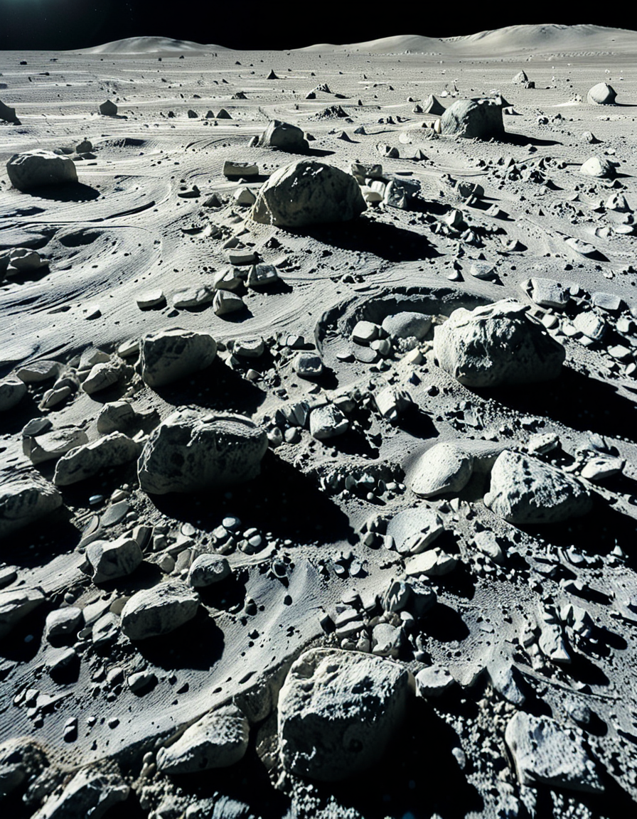 A high-resolution photograph of the Moon's surface, showcasing its rocky, cratered terrain with fine lunar dust. The foreground is dominated by detailed lunar regolith, with small rocks and uneven textures illuminated by the harsh, direct sunlight. Shadows are sharp and deep due to the lack of atmosphere. In the background, Earth appears as a vibrant blue and white sphere, partially illuminated, contrasting against the blackness of space. The composition is balanced, with Earth positioned slightly off-center to create a sense of depth and scale. The lighting is natural, with the Sun casting a bright glow on the lunar surface while leaving some areas in darkness, emphasizing the stark and desolate beauty of the Moon.
<lora:SDXLFaeTastic2400:0.4> <lora:extremely_detailed:0.4> extremely detailed, <lora:moon_surf4c3_v2:1>,moon surf4c3, Masterpiece,best quality,hi res,8k,hi res,8k,award winning,(sharp focus, intricate, highly detailed),