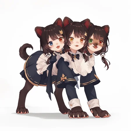score_9, score_8_up, score_7_up, score_6_up, score_5_up, source_furry,
<lora:inuitoko.pony:0.8>, inuitoko, brown hair, animal ears, heterochromia,
<lora:Cerberus_4PonyXL:1>, cerberus, dog, paws, 3 heads, on all fours,