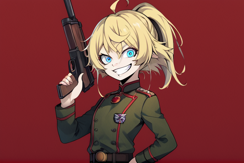 by laserflip,score_9, score_8_up, score_7_up,score_6_up, score_5_up, score_4_up BREAK source_anime, TanyaDegurechaff, 1girl, solo, looking at viewer, smile, blue eyes, blonde hair, holding, ponytail, weapon, ahoge, belt, holding weapon, grin, uniform, hand on hip, gun, military, military uniform, holding gun, red background, rifle, evil smile, over shoulder, weapon over shoulder, crazy eyes, evil grin, <lora:Tanya_Degurechaff:1>