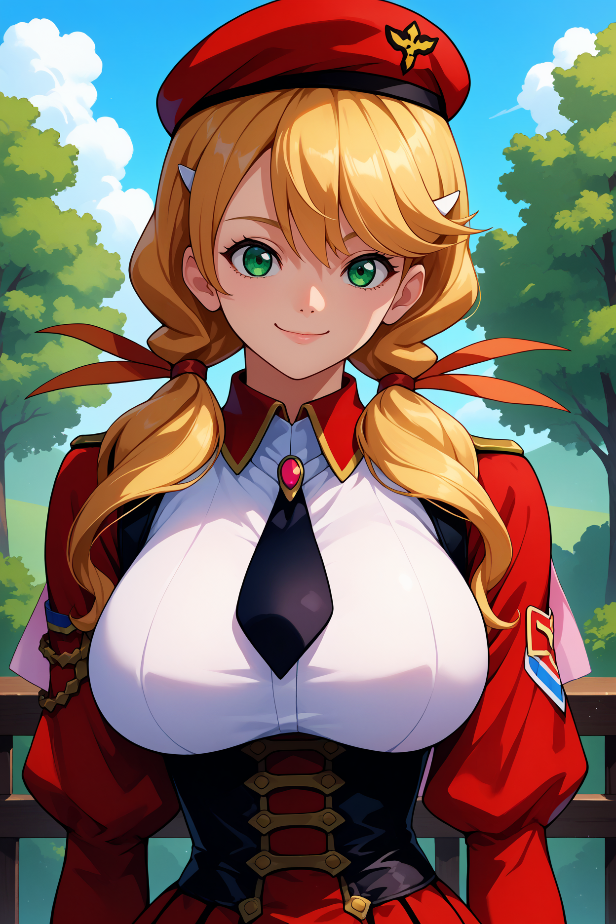 score_9, score_8_up, score_7_up, score_6_up, source_anime, 1girl, solo,  <lora:oldrinzevon-pdxl-nvwls-v1-000005:1> oldrin, blonde hair, low twintails, green eyes, red ribbon, red beret, white shirt, black necktie, red sleeves, red uniform, puffy sleeves, corset, red skirt, huge breasts, looking at you, upper body, light smile, blue sky, clouds, railing, portrait, trees
