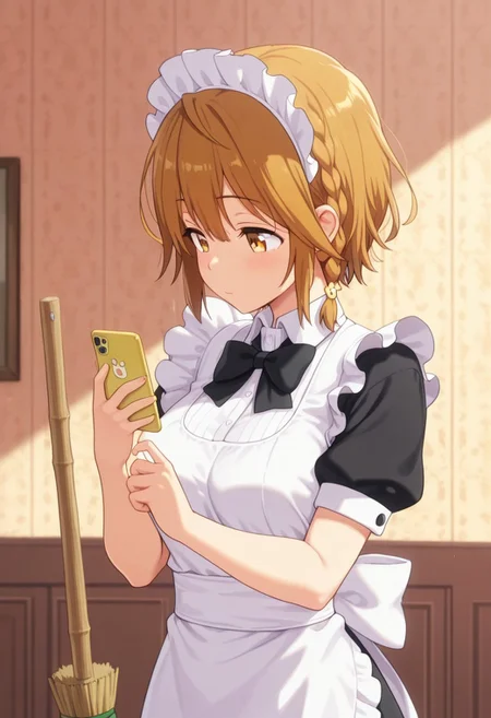 masterpiece,best quality,amazing quality, koiwai yoshino, short hair, braid, brown hair, 1girl, solo, phone, maid, cellphone, maid headdress, broom, holding, bow, upper body