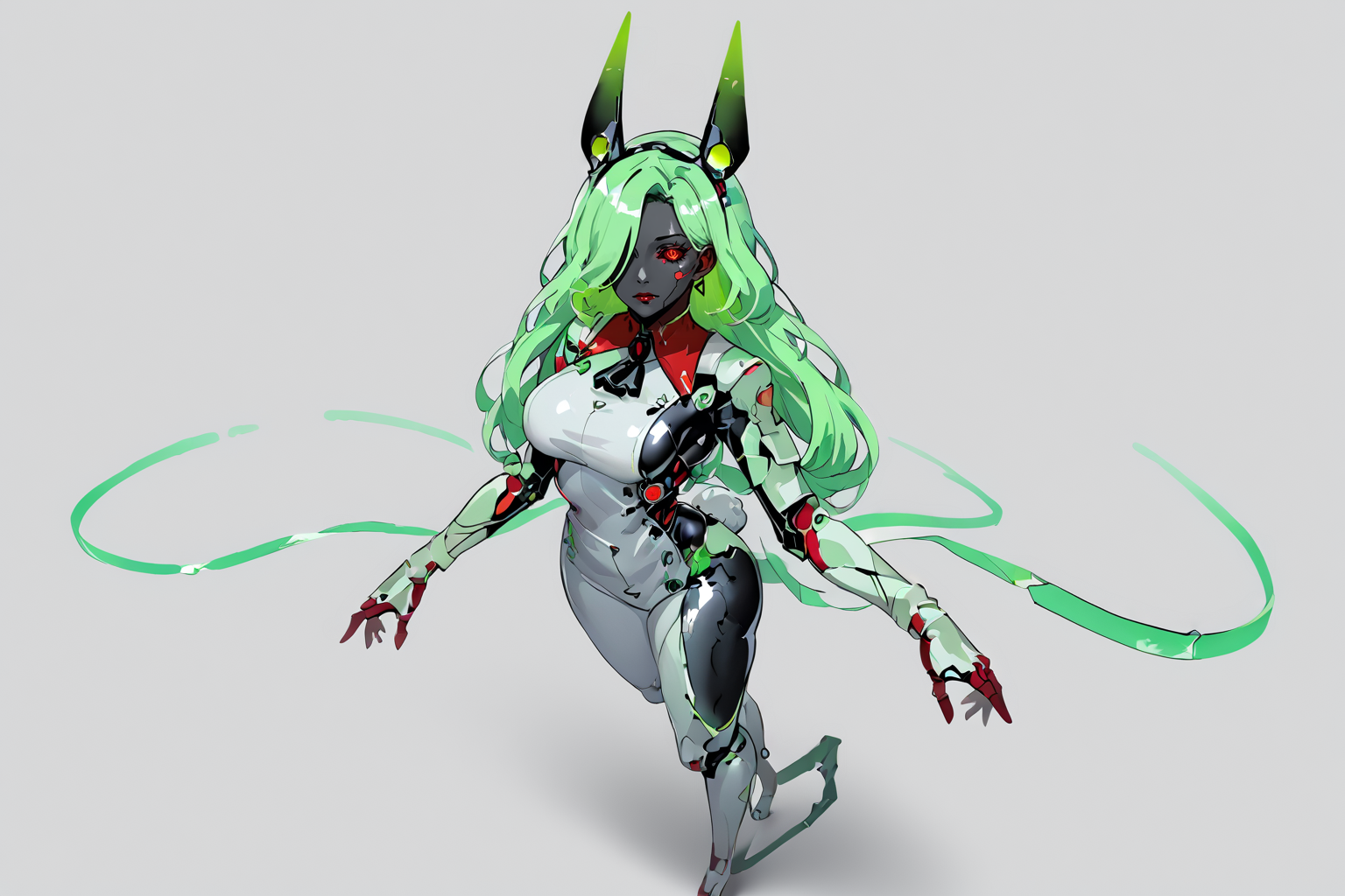 score_9, score_8_up, score_7_up, score_6_up, score_5_up, score_4_up, BREAK, source_anime, solo, 1girl, rating_safe, ((mature female)), ((long green flowing hair)), mechanical parts, (big backwards folded mechanical rabbit ears), mature female, (bunny ears), (animal ears), subdermal port, ((milf, mature female, big breasts)), hexagon lines in skin, naval uniform overcoat, naval uniform, white military uniform, dress_uniform, ribbons, ((red eyes)), bunny tail, rabbit tail, aiguillette, ((green hair)), ascot, ((High Angle view medium Close shot (focus on feet))), latex pilot suit, shoulder cutout, bunny rabbit Tail, ((hair over one eye, )), digitigrade, clawed feet, minimal clothes, ((metal skin, shiny skin, vampire aesthetic, digital eyes, filled eyes, monochromatic eyes, glowing eyes, colored sclera, red sclera, mechanical eyes, partially shaded face, )), <lora:ECHANIS:1>, <lora:Test_1_latex_clothingskin_effect:1>