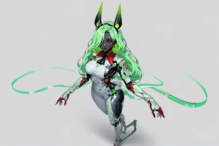 score_9, score_8_up, score_7_up, score_6_up, score_5_up, score_4_up, BREAK, source_anime, solo, 1girl, rating_safe, ((mature female)), ((long green flowing hair)), mechanical parts, (big backwards folded mechanical rabbit ears), mature female, (bunny ears), (animal ears), subdermal port, ((milf, mature female, big breasts)), hexagon lines in skin, naval uniform overcoat, naval uniform, white military uniform, dress_uniform, ribbons, ((red eyes)), bunny tail, rabbit tail, aiguillette, ((green hair)), ascot, ((High Angle view medium Close shot (focus on feet))), latex pilot suit, shoulder cutout, bunny rabbit Tail, ((hair over one eye, )), digitigrade, clawed feet, minimal clothes, ((metal skin, shiny skin, vampire aesthetic, digital eyes, filled eyes, monochromatic eyes, glowing eyes, colored sclera, red sclera, mechanical eyes, partially shaded face, )), <lora:ECHANIS:1>, <lora:Test_1_latex_clothingskin_effect:1>