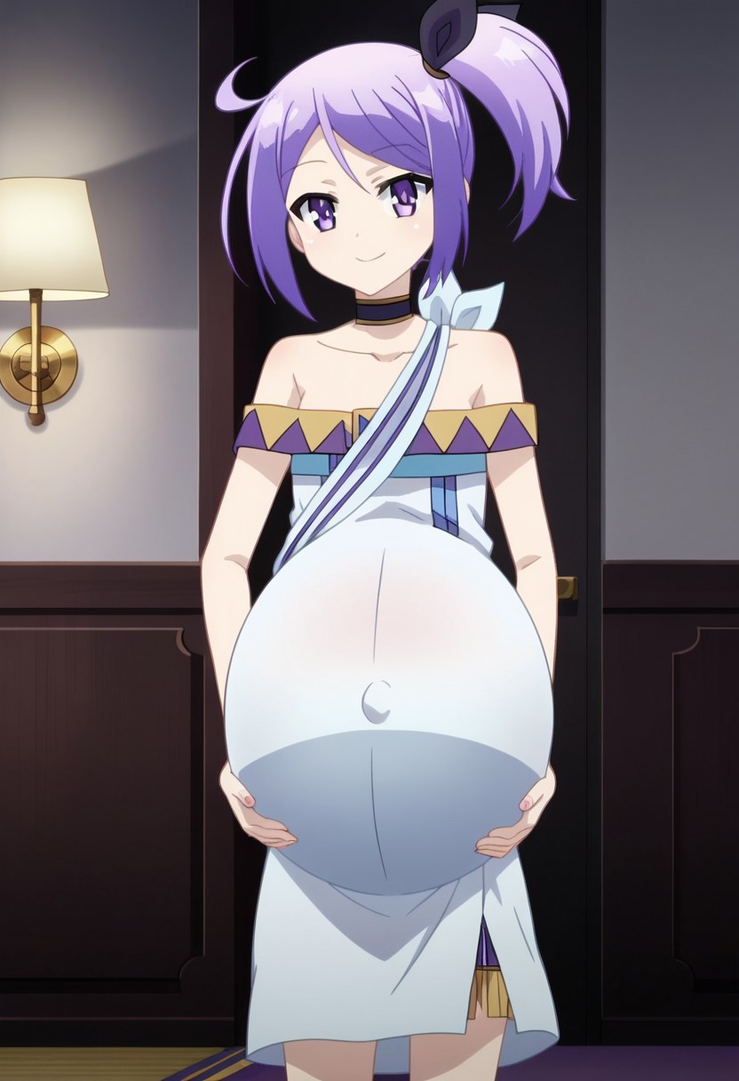 best quality, masterpiece, 4k, perfect lighting, very aesthetic, anime, anime coloring, official art, anime screencap, bedroom, happy, smile, hands on belly,
fFaceDetail, EyeDetail,
(large pregnant belly:1.5)
<lora:MasterofRagnarok:1>, christina, purple eyes, purple hair, short hair, side ponytail, hair ribbon, flat chest
choker, bare shoulders, collarbone, ribbon,  dress,
(covered belly:1.5), (pregnancy clothes:1.5)