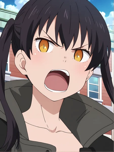 <lora:Tamaki:0.8>, tamaki, 1girl, solo, yellow eyes, black hair twin tails, black open fireman uniform, annoyed, frustrated, angry, open mouth, looking at viewer, portrait, blue sky, building