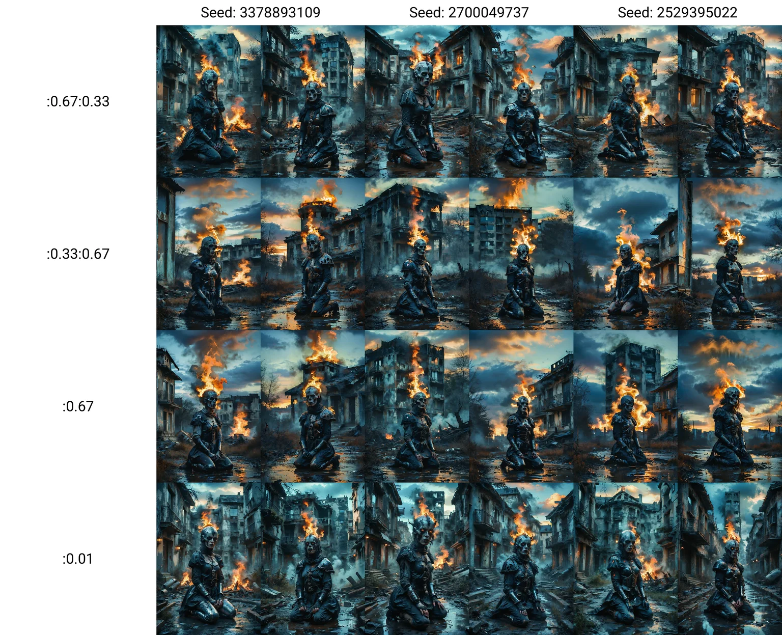 (Full body photograph, ultra-realistic:1.2). score_9, score_8_up, score_7_up, female gothic sexbomb knight , portrait, kneeling, defeated, tired, gothic armor, open helmet, temple, reflections, highly detailed, film grain, <lora:zy_Realism_Enhancer_v1:0.75>
BREAK scenery. sky. outdoors. cloud. fire. building. tree. burning. cloudy sky. smoke. sunset. nature. city. cityscape. blue sky. The photograph captures a moment during sunset with dramatic cloud formations that are tinged by fiery oranges and deep purples against an otherwise muted sky.
<lora:MoodySky_set2:0.67:0.33>