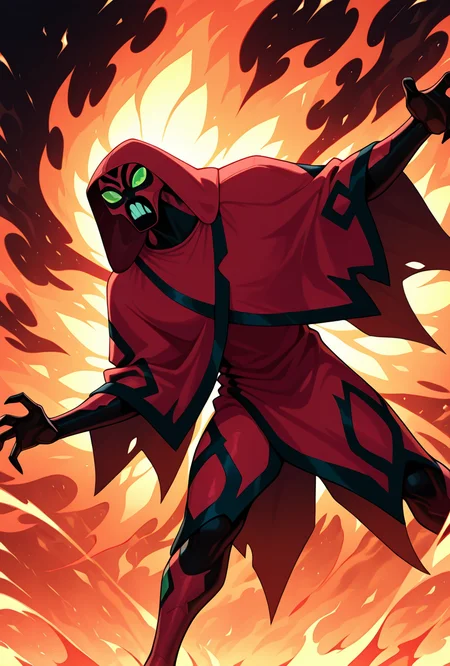 <lora:bigchill-07:1> bigchill, solo, 1boy, green eyes, red skin, no humans, green sclera, teeth, no pupils,, hood, red cloak, fire background, dynamic pose,, masterpiece, best quality, amazing quality, very aesthetic, absurdres, newest,