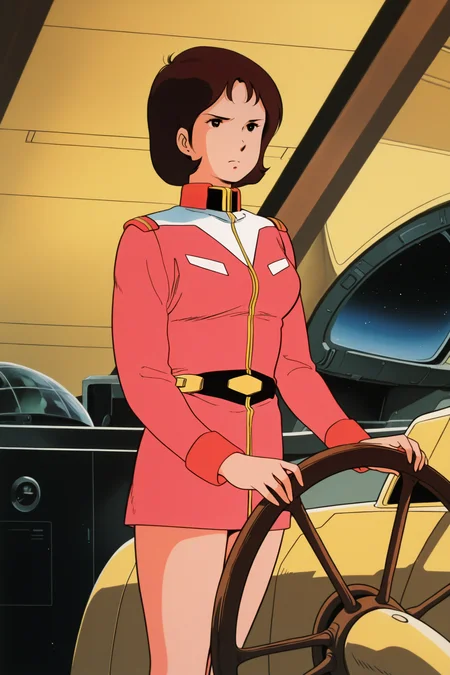 masterpiece, best quality, amazing quality, absurdres, miraiyashima79, brown hair, solo, serious, wooden steering wheel, standing, helm wheel, both hands on helm wheel, gripping helm wheel, steering ship, helmswoman:1.2), pink military uniform, large breasts, indoors, spacecraft, science fiction, retro artstyle