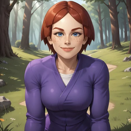 score_9, score_8, BREAK, solo, wii, mii, female mii, wii sports, 1girl, blue eyes, dark red hair, dark red eyebrows, lips, freckles, purple clothing, white pants, shoes, nintendo mii, modern_mii, classic_mii, breasts, Giovanna_(Wii_Sports), adult female, mature female, breasts, sexy pose, self portrait, smile, outdoors, sunlight, shadows, evening lighting, natural lighting, forest, trees, grass, orange sky, sunset