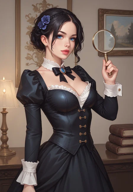 safe_pos, core_9, score_8_up, score_8, semi realistic, ultra detailed, 8k, high quality, hi res, high quality, detailed eyes, perfecteyes, detailed face, 1girl, sharp focus, cowboy-shot, focus on hip, (1girl:1.2), Victorian detective, elegant attire, (((magnifying glass))), pale skin, long straight dark hair, realistic, cinematic angle, cinematic lighting, slender body, inquisitive face, blue eyes, investigative pose
BREAK
examining clues in a dimly lit Victorian study
BREAK
source_Victorian_art, rating_explicit, expressive, half body, dynamic pose
BREAK
detailed beautiful background, ornate furniture, antique books, flickering candles, vintage decor, mysterious shadows, cozy atmosphere
(((full clothed)))
