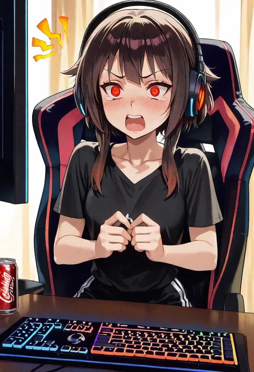 score_9, score_8_up, score_7_up, masterpiece, Megumin, 1 girl, solo, red eyes, Spiral eyes, short hair, brown hair, sitting on a gaming chair, a black-and-red armchair, black gaming headphones on her head, wearing a black T-shirt, black shorts, not a satisfied expression on her face, screaming, scream effects, evil, tears in my eyes from anger, blush, a private room, not an empty room, her personal belongings, a gaming area, a bright expensive gaming computer, a mechanical keyboard on the table, a gaming mouse on the table, a wide gaming monitor on the table, anime Megumin figures on the gaming table, RGB backlight on and under the gaming table, there is an open can of soda on the gaming table, Coca-Cola, dark room, only light from the computer, scream effects, looks at the viewer, everything is clear, evil, beautiful, colorful, masterpiece, excellent light, multi-colored light source, good post-processing, good hands, beautiful face, beautiful body, beautiful picture, 8K, detailed keyboard, detailed desk, detailed monitor, more bright colors, anime Megumin figures on the gaming table, detailed Megumin figures, neon, lots of bright colors