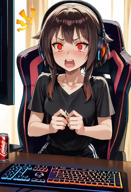 score_9, score_8_up, score_7_up, masterpiece, Megumin, 1 girl, solo, red eyes, Spiral eyes, short hair, brown hair, sitting on a gaming chair, a black-and-red armchair, black gaming headphones on her head, wearing a black T-shirt, black shorts, not a satisfied expression on her face, screaming, scream effects, evil, tears in my eyes from anger, blush, a private room, not an empty room, her personal belongings, a gaming area, a bright expensive gaming computer, a mechanical keyboard on the table, a gaming mouse on the table, a wide gaming monitor on the table, anime Megumin figures on the gaming table, RGB backlight on and under the gaming table, there is an open can of soda on the gaming table, Coca-Cola, dark room, only light from the computer, scream effects, looks at the viewer, everything is clear, evil, beautiful, colorful, masterpiece, excellent light, multi-colored light source, good post-processing, good hands, beautiful face, beautiful body, beautiful picture, 8K, detailed keyboard, detailed desk, detailed monitor, more bright colors, anime Megumin figures on the gaming table, detailed Megumin figures, neon, lots of bright colors