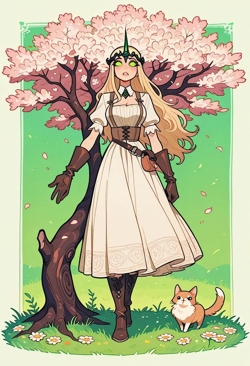 score_9, score_8_up, score_7_up, masterpiece, best quality, very aesthetic, detailed face, (dynamic:1.1), incoth, (incase:0.6), partial illumination, 1girl, thick linework, illustration, The image depicts a young woman seated gracefully on a tree branch, surrounded by a vibrant meadow. She has long, flowing blonde hair and expressive eyes, and she is dressed in an elegant white dress accented with intricate leather straps and gloves. A unique headpiece, adorned with a colorful accessory, adds a whimsical touch to her appearance. The background features a serene landscape with blooming cherry blossom trees, bright green grass, and daisies scattered throughout. The overall atmosphere conveys a blend of fantasy and nature, highlighting the character's poise and charm in this idyllic setting.