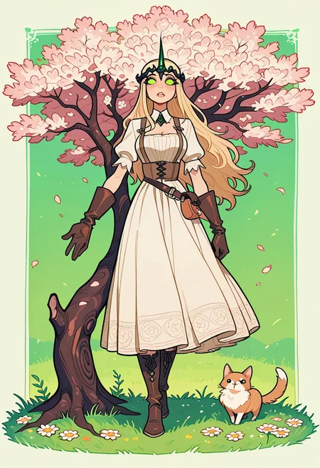 score_9, score_8_up, score_7_up, masterpiece, best quality, very aesthetic, detailed face, (dynamic:1.1), incoth, (incase:0.6), partial illumination, 1girl, thick linework, illustration, The image depicts a young woman seated gracefully on a tree branch, surrounded by a vibrant meadow. She has long, flowing blonde hair and expressive eyes, and she is dressed in an elegant white dress accented with intricate leather straps and gloves. A unique headpiece, adorned with a colorful accessory, adds a whimsical touch to her appearance. The background features a serene landscape with blooming cherry blossom trees, bright green grass, and daisies scattered throughout. The overall atmosphere conveys a blend of fantasy and nature, highlighting the character's poise and charm in this idyllic setting.