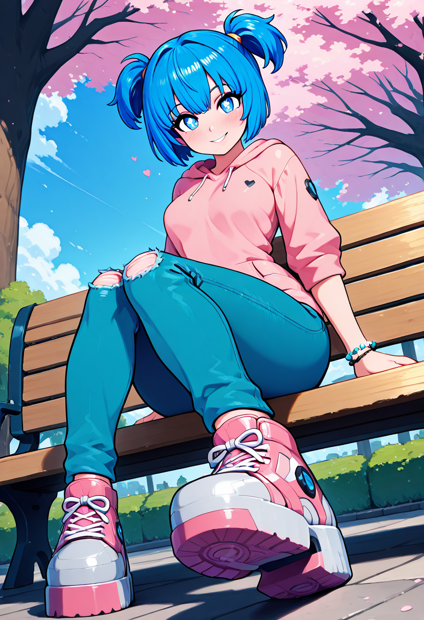 masterpiece, best quality, solo, curvy, beautiful eyes, narrow waist, wide hips, 1girl, solo, smile, looking at viewer, dynamic angle, foreshortening, close up,    zzVela, blue eyes, blue hair, short hair, twintails, short twintails, <lora:VelaJetforce_IXL:0.8>,[Soft Emo], oversized pastel pink hoodie with black heart embroidery, faded skinny jeans with distressed knees, pastel-colored sneakers with platform soles, silver charm bracelet with small hearts and skulls, soft pink eye shadow with light mascara, light blush and lip tint, hair styled in soft waves with a side part, sitting on a park bench under cherry blossom trees, looking thoughtfully at the ground,