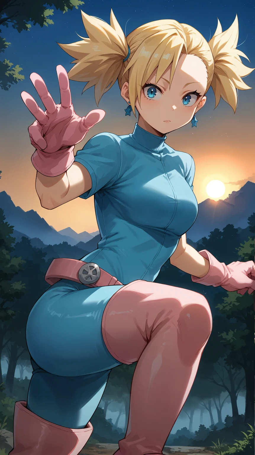 score_9,score_8_up,score_7_up,score_6_up, <lora:xl_more_art-full_v1:0.5>, source_anime, girl, dynamic pose, head tilt, <lora:Tatami Nakagame (Turtle Neck) - Pony:0.8>, short hair, blonde hair, spiky hair, twintails, blue eyes, blue bodysuit, short sleeves, pink gloves, blue earrings, belt, pink boots, thighhighs boots, forest, sunrise, mist, fog,
