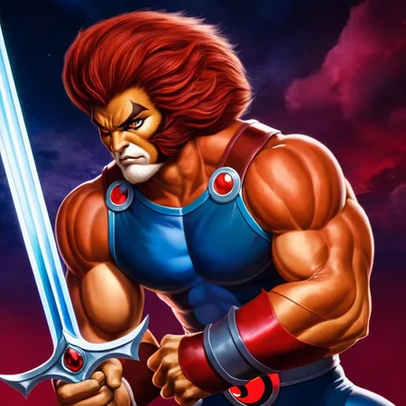 anime artwork of <lora:liono thundercats:1>
liono thundercats a realistic character holding a sword in his hand , anime style, key visual, vibrant, studio anime,  highly detailed