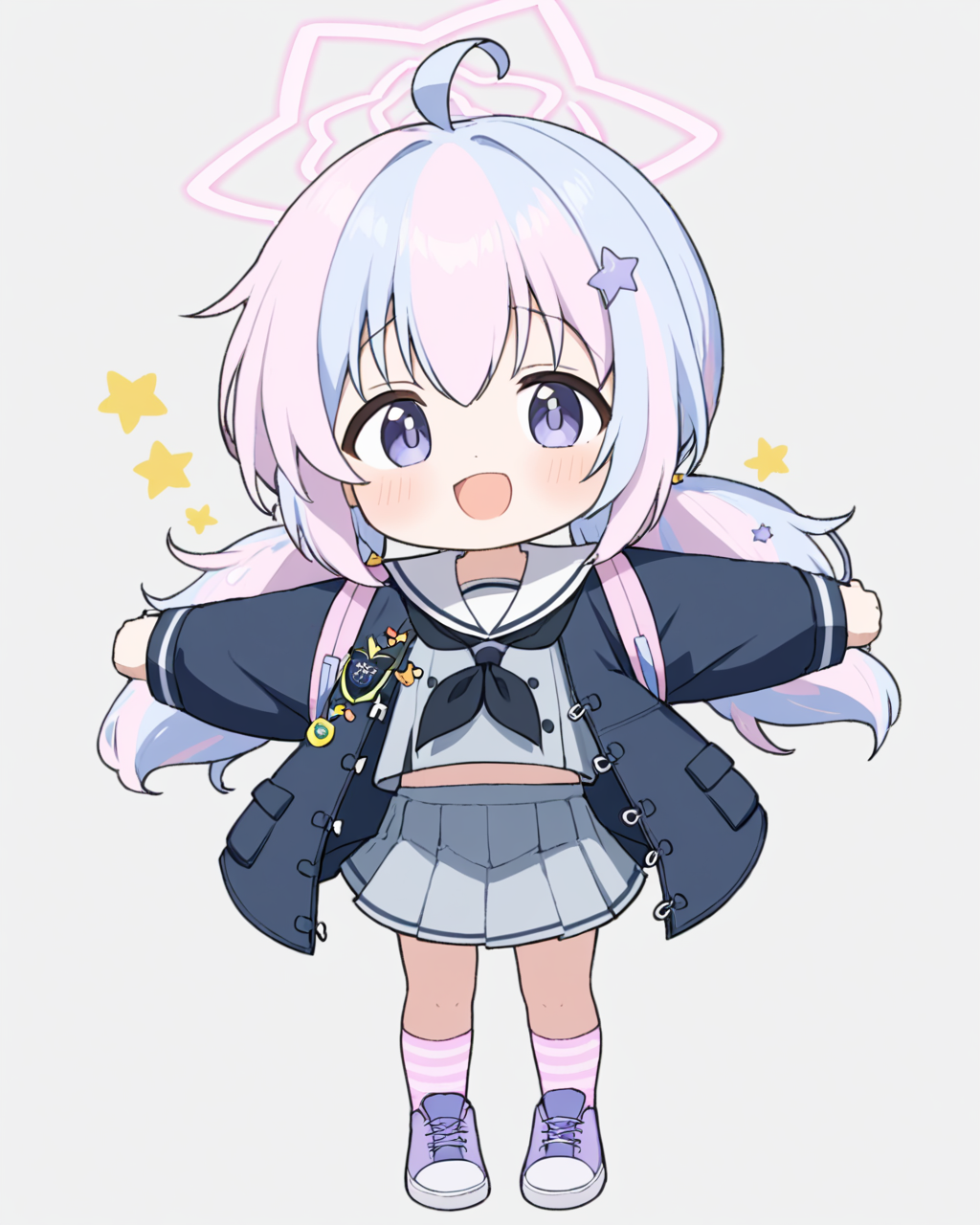 reisa \(blue archive\),1girl, solo, grey_shirt, grey_skirt, pleated_skirt, white_sailor_collar, halo, shoes, chibi, full_body, black_neckerchief, :d, low_twintails, backpack, ahoge, white_background, black_jacket, star_\(symbol\), long_sleeves, standing, hair_ornament, pink_socks, open_jacket, looking_at_viewer, stuffed_animal, serafuku, striped_socks, open_mouth, puffy_sleeves, arm_behind_head, blush, purple_footwear
<lora:reisa_(blue_archive)_image894_2023-11-28:1>halo. gorgeous,key visual, vibrant, studio anime,award-winning, professional, highly detailed,high budget, cinemascope