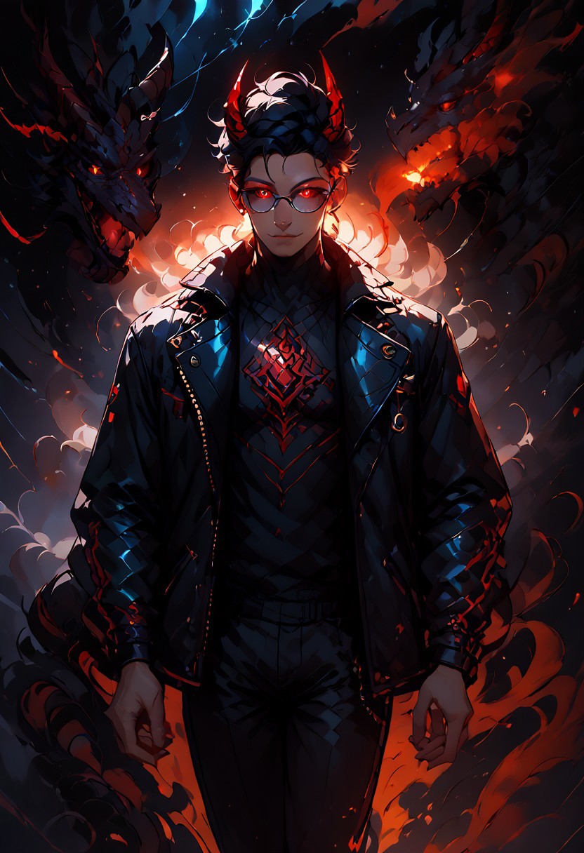 ((score_9, score_8_up, score_7_up,score_9, score_8_up, score_7_up)), (Masculine, Light/tan skin, Toned and 6'5 feet tall:1.4), 24 years old, Handsome face, smile face, perfect face, (((Black hair with neon red highlights))), ((Glowing neon Gold irises)), (Neon Red pupils), (White Sclera), shiny skin, Curley short haircut, ((2 spiral red horns)), (((Demon))), (Large muscle build), gages in ears, Neon tattoos on arms, wild hair, toned hips, ((fit look, large intelligent glasses)), ((Long Blue leather coat, dragon scale coat, black vest, black shirt, black pants)), shiny skin, dark aura, small light, warm lighting, (no nsfw), , stools, cowboy shot, dark dimension, black background, empty space, stars, dynamic action: throwing fists