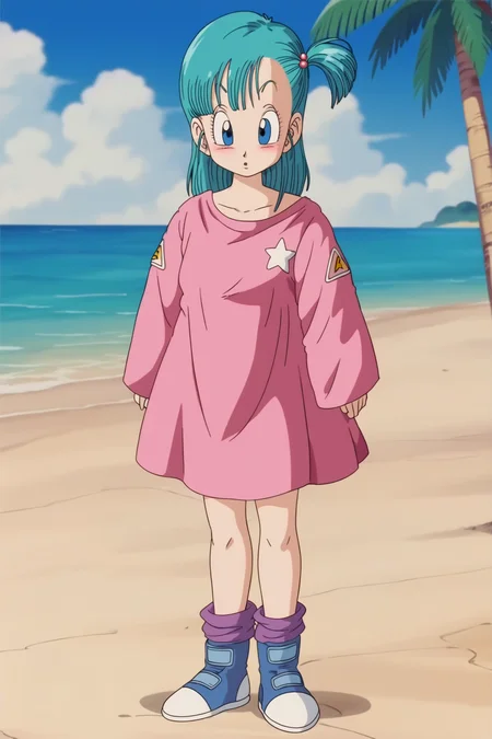source_anime, score_9, score_8_up, score_7_up, anime screencap, 
bulma \(dragonball\), 1girl, standing,  solo, drawing, embarrassed, pajamas, collarbone, blue eyes, boots, blue footwear, dress, aqua hair, full body, outdoors, sky, day, socks, tree, one side up, tree, pink dress, oversized clothes, purple_legwear, eyebrows, eyelashes, logo print,
((from above)), looking at viewer, blush, retro artstyle, 1990s \(style\), beach, 
 <lora:bulma_pony_v1:0.8>