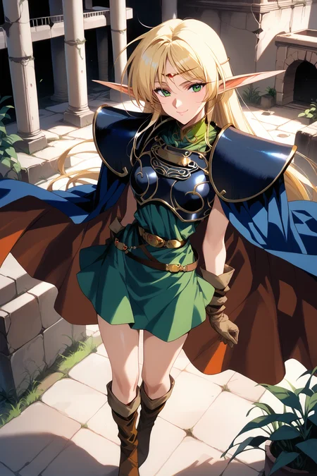 score_9, score_8, score_7, score_6_up, score_5_up, from above,
deedlit, circlet, shoulder armor, breastplate, green tunic, gold choker, arm_wraps, belt, brown footwear, boots, ruby circlet, gold line filigree decoration, short tunic, short skirt,
1girl, long hair, blonde, elf, navy blue breastplate, navy blue shoulder armor, sleeveless, leather gloves, Cloak, green shirt, brown gloves, two-tone cape, long boots,long cape,
beautiful face, 24 years old,
smile, green eyes,
bangs,
record of lodoss war,
cowboy shot,
ruins,
<lora:Degen_Deedlit_v1:0.55>, <lora:TOO_NobuteruYuuki_v3B_PonyXL:0.55>, <lora:PirotessXLpony001:0.3>, <lora:Urushihara Satoshi_XL_PONY_V2:0.4>, <lora:Sinozick_Style_XL_Pony:0.2>, <lora:DefaultZ17:0.2>, <lora:style1:0.2>, <lora:pixivtext2:0.2>