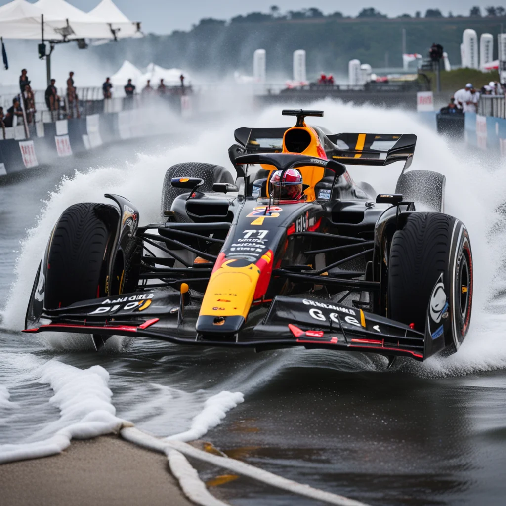 RB19 formula 1 racecar driving on top of water like a surfboard, front, wet weather tires, ocean, waves, beach, late afternoon sunlight, 4K, intricate details, perfect, gorgeous, action photography, english text, <lora:RB19:1.2>