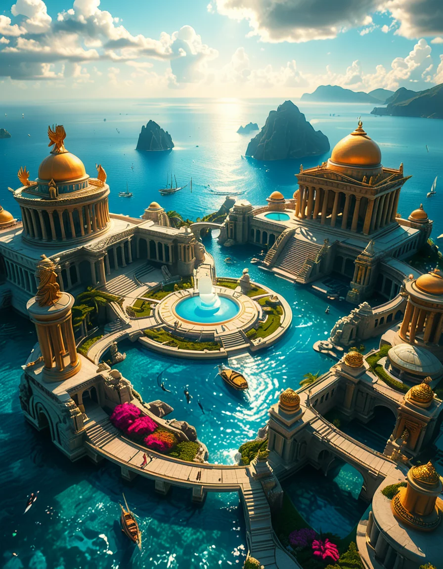 A breathtaking view of the lost city of Atlantis, submerged beneath crystal-clear ocean waters. The city showcases a magnificent blend of ancient Greek and futuristic architecture, with towering marble temples, golden domes, and intricate carvings glowing under the soft bioluminescent light of coral reefs. Majestic pillars and archways, partially covered in coral and algae, rise from the ocean floor, creating an atmosphere of mystery and forgotten grandeur. The sunlight filters through the water, casting shimmering patterns on the grand stone pathways and illuminating massive statues of gods and mythical beings, eroded by time. The scene is peaceful and awe-inspiring, with an ethereal blue glow enhancing the dreamlike, almost magical quality of this underwater utopia. No marine creatures or human presence disrupt the timeless serenity of this lost civilization.
 <lora:atl4nt1s:1>,atl4nt1s,<lora:SDXLFaeTastic2400:0.4> <lora:extremely_detailed:0.4> extremely detailed, Masterpiece,best quality,hi res,8k,hi res,8k,award winning,(sharp focus, intricate, highly detailed),