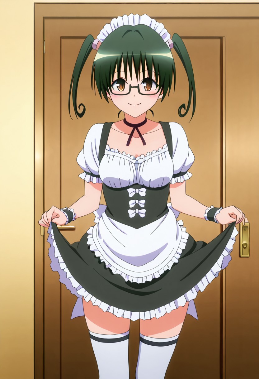 masterpiece, best quality, medium breasts, anime screenshot, to love-ru, to love-ru darkness, absurdres, highres, smile, solo,
sawada_mio, mio sawada, short hair, green hair, twintails, brown eyes, glasses, semi-rimless eyewear, under-rim eyewear, bespectacled, mature female, small breasts, anime screencap,
clothes lift, apron, zettai ryouiki, wrist cuffs, maid, maid headdress, skirt lift, enmaided, door, looking at viewer, frills, choker, white thighhighs, dynamic pose, smile, looking at viewer,