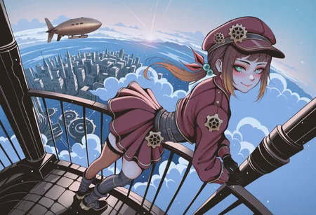 dhjs, bnl0,
1girl, brown hair, low ponytail, sidelocks, hair ribbon, aqua eyes, bright pupils, multicolored hair, gradient hair, two-tone hair, hair ornament, too many hair ornaments, hairpins, hair bobbles, masterpiece, best quality, absurdres,
steampunk, gears, steampunk dress, asymmetrical skirt, cropped jacket, cabbie hat, gloves, boots, thighhighs, asymmetrical legwear,
lipgloss, blush, makeup,
outdoors, landscape, city, clouds, above clouds, sunlight, aircraft, airship, dirigible, railing,
solo, from above, wide shot, full body, smile, looking at viewer, hands on railing, arched back,
intricate, highly detailed, majestic, shallow depth of field, movie still, circular polarizer, light particles, particles