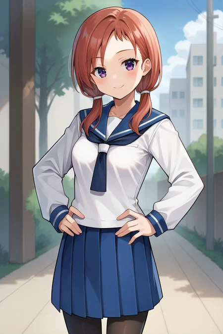 score_9, score_8_up, score_7_up, source_anime, hisatakei, <lora:takei_hisa_XL:0.9>, 1girl, solo, red hair, medium hair, low twintails, purple eyes, medium breasts, school uniform, serafuku, white shirt, long sleeves, blue sailor collar, blue neckerchief, blue skirt, pleated skirt, black pantyhose, looking at viewer, smile, blush, groin, hands on own hips, outdoors, cowboy shot